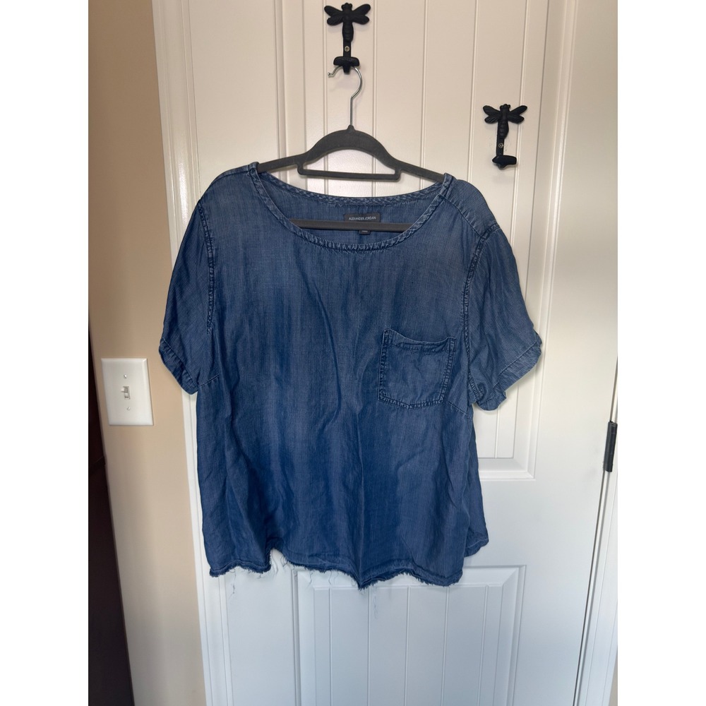 Alexander Jordan Women 3X Blue Tencel Lyocell Short Sleeve Frayed Hem Blouse Top